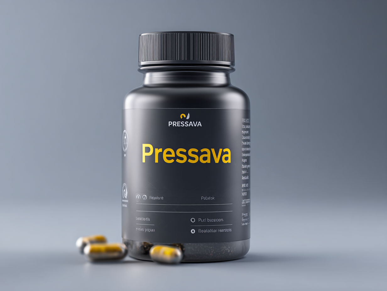 Pressava supliment natural pentru tensiune arterială în ambalaj alb pe fundal neutru, produs pentru susținerea sănătății cardiovasculare